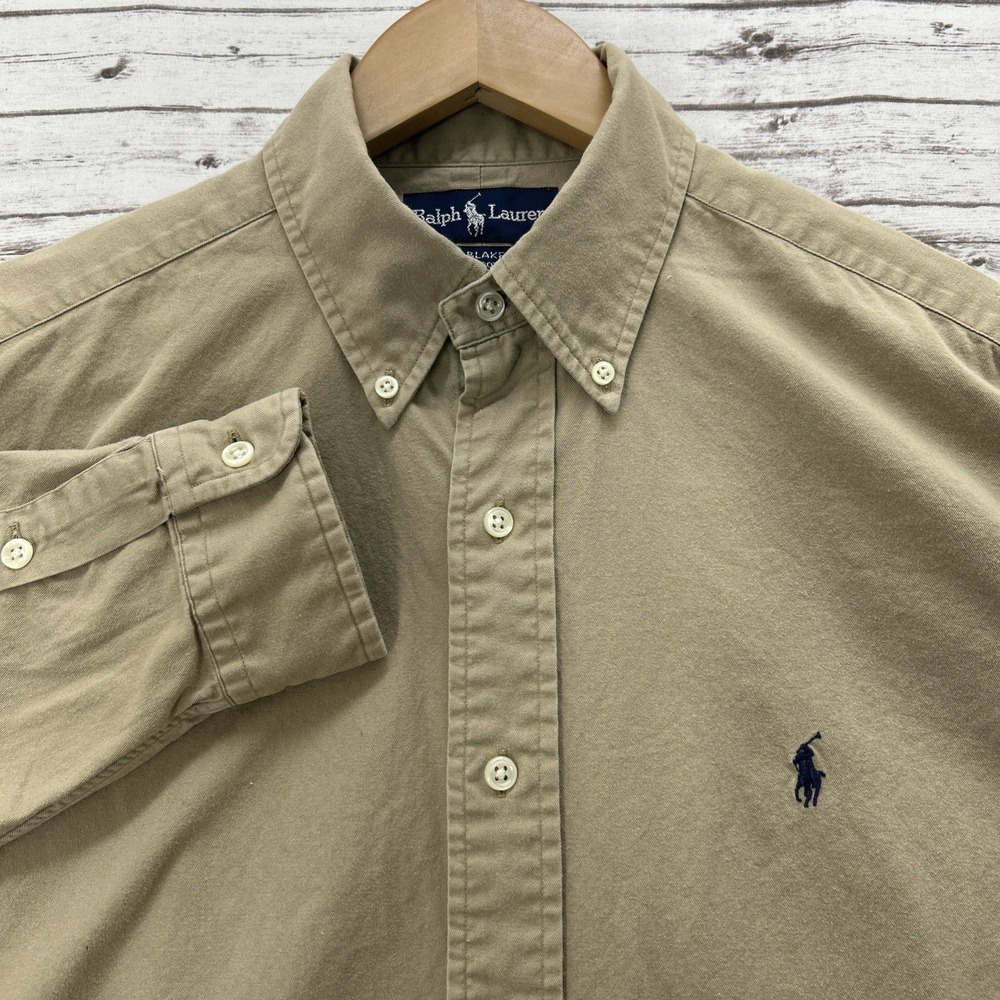 Ralph Lauren Blake Men's Medium Button-Down Shirt Beige Long Sleeve Blue Pony